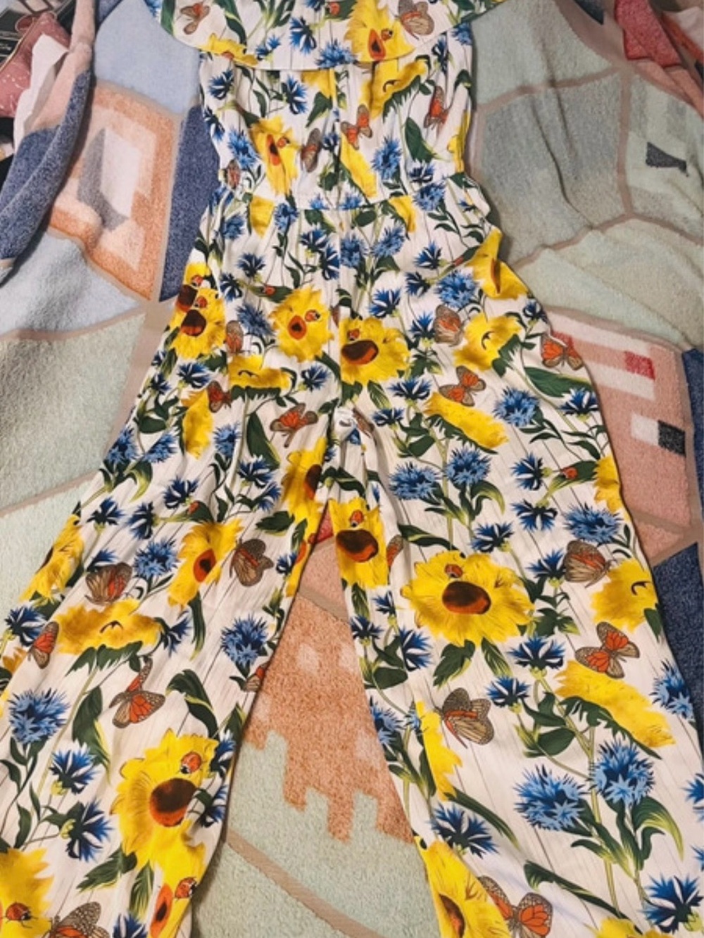 Sunflower Print Wide-Leg Jumpsuit in Yellow & Blue